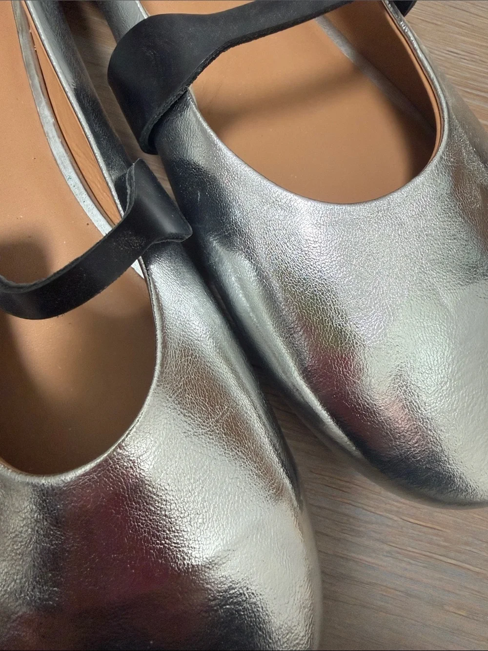 Jacquemus Metallic Silver Mary Jane Flats with Black Strap